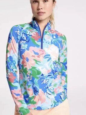 WALTER HAGEN Quarter Zip Pullover Women's Sz XXL Blue Gouache Floral UPF 50+ NWT